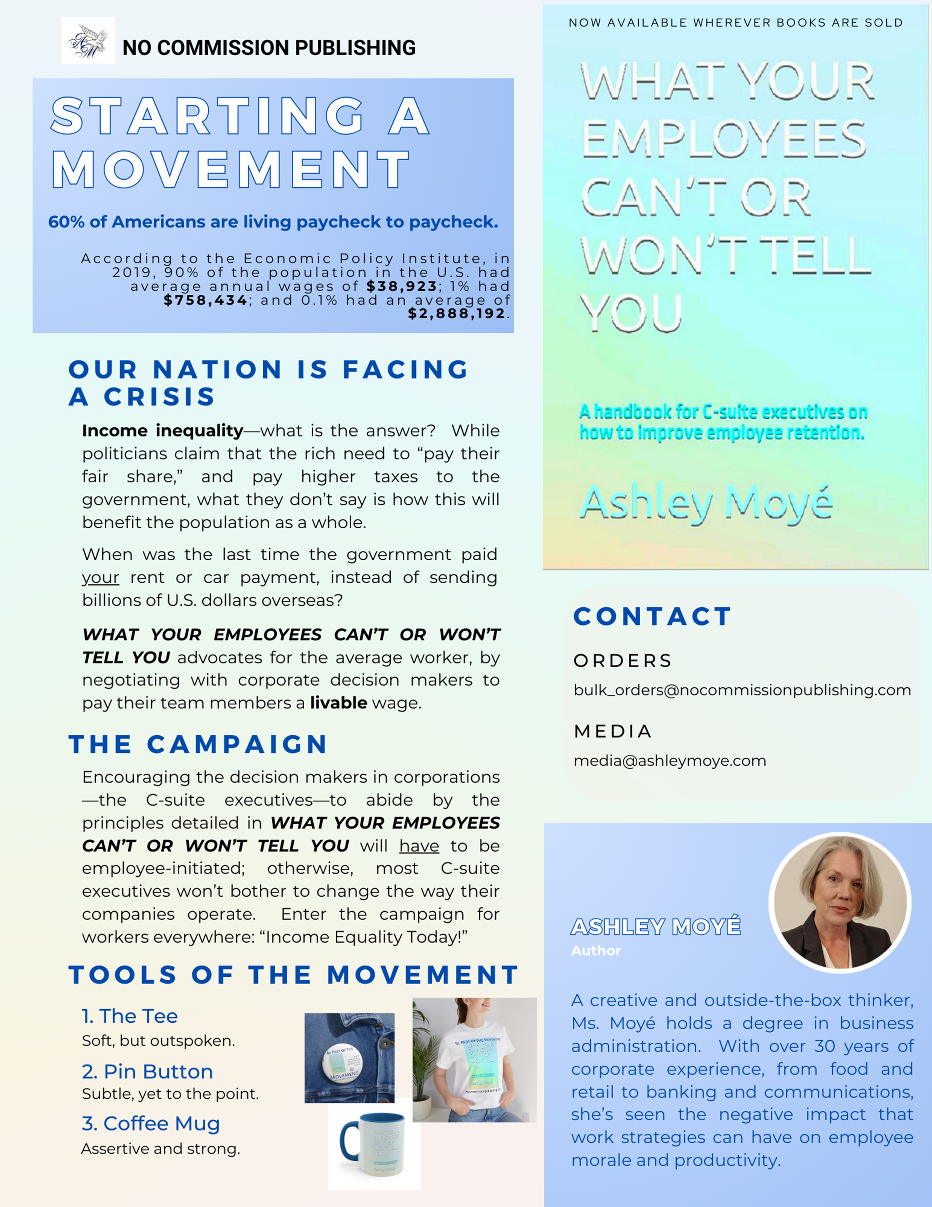Preview of the No Commission Publishing campaign flyer and book sell sheet